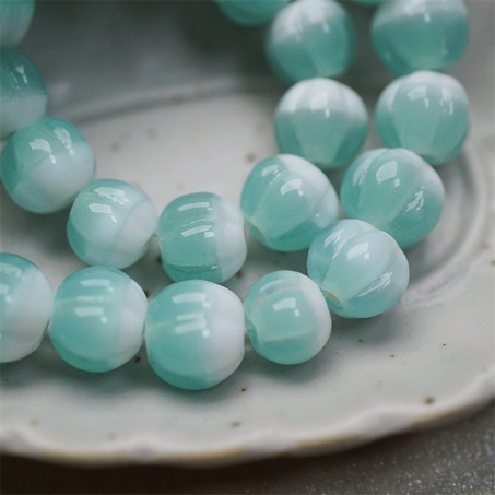 雪盐湖配色渐变~手造南瓜条纹圆珠日本进口灯工玻璃琉璃珠 尺寸约10MM-10