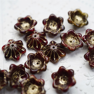 亮面复古深红微渐变描金色~小碗花贝尔铃铛花铃兰捷克珠玻璃琉璃珠 14MM