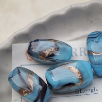 蓝色水墨鎏金透明夹心mix~稀有配色手造立体四面椭圆珠日本进口中古古董灯工玻璃琉璃珠 约23X13MM