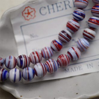 串装~经典红蓝白条纹mix配色手造绝美圆珠~日本进口中古古董灯工玻璃琉璃珠 约7MM