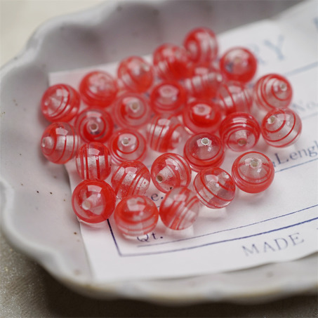 十枚入！透明昭和红配色条纹mix手造绝美圆珠~日本进口中古古董灯工玻璃琉璃珠