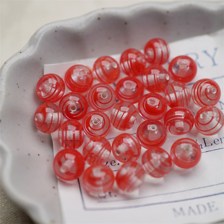 十枚入！透明昭和红配色条纹mix手造绝美圆珠~日本进口中古古董灯工玻璃琉璃珠-5