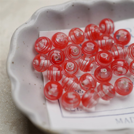 十枚入！透明昭和红配色条纹mix手造绝美圆珠~日本进口中古古董灯工玻璃琉璃珠-3