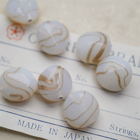 欧泊蛋白金沙条纹流线型~手造不规则表面扁圆形直孔日本进口中古古董灯工玻璃琉璃珠 15MM-8