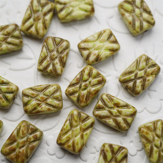 复古水染水彩浅果绿色毕加索做旧色~长方形条纹格子捷克珠玻璃琉璃珠 12X8MM