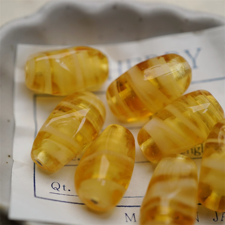 琥珀蜂蜜黄条纹mix~手造立体异形椭圆梭形直孔珠日本进口中古古董灯工玻璃琉璃珠 约19X10MM-3
