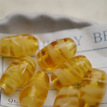 琥珀蜂蜜黄条纹mix~手造立体异形椭圆梭形直孔珠日本进口中古古董灯工玻璃琉璃珠 约19X10MM-2