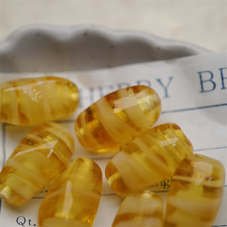 琥珀蜂蜜黄条纹mix~手造立体异形椭圆梭形直孔珠日本进口中古古董灯工玻璃琉璃珠 约19X10MM-5
