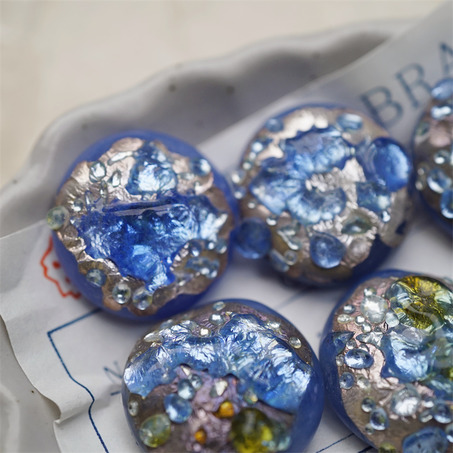 熔岩琉璃冰川蓝色高级工艺圆形浮雕肌理~超稀有手造古董中古玻璃琉璃贴片半丸 约19-20MM-4
