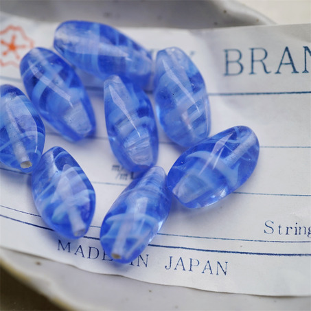 静谧海洋蓝条纹mix~手造立体异形椭圆梭形直孔珠日本进口中古古董灯工玻璃琉璃珠 约17X9MM