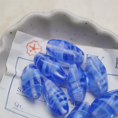 静谧海洋蓝条纹mix~手造立体异形椭圆梭形直孔珠日本进口中古古董灯工玻璃琉璃珠 约17X9MM-4