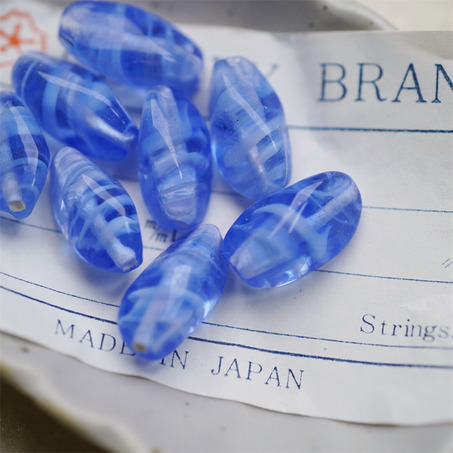 静谧海洋蓝条纹mix~手造立体异形椭圆梭形直孔珠日本进口中古古董灯工玻璃琉璃珠 约17X9MM-5