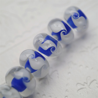 【样品】透明白色气泡云朵纹撞色克莱因蓝~手造精致扁圆珠日本进口中古古董灯工玻璃琉璃珠 8X13MM