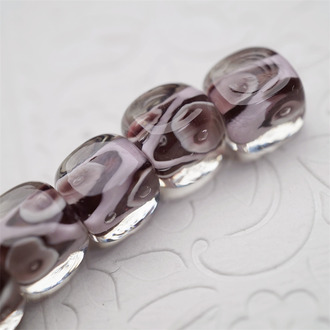 【样品】稀有复古紫色透明夹心花纹~手造精致立方方形珠日本进口中古古董灯工玻璃琉璃珠 9.5MM