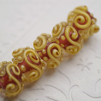 【样品】透明玫瑰粉夹心浅橘色经典巴洛克花纹~手造精致扁圆珠日本进口中古古董灯工玻璃琉璃珠 9X13MM