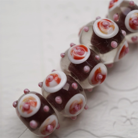 【样品】趣味巧克力透明夹心草莓甜点花纹~手造精致扁圆珠日本进口中古古董灯工玻璃琉璃珠 8X13MM