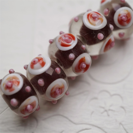 【样品】趣味巧克力透明夹心草莓甜点花纹~手造精致扁圆珠日本进口中古古董灯工玻璃琉璃珠 8X13MM-2