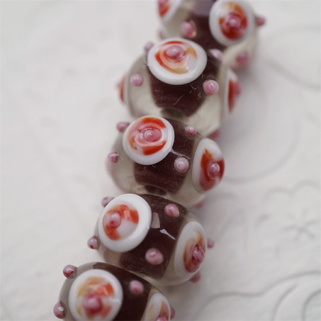 【样品】趣味巧克力透明夹心草莓甜点花纹~手造精致扁圆珠日本进口中古古董灯工玻璃琉璃珠 8X13MM-5