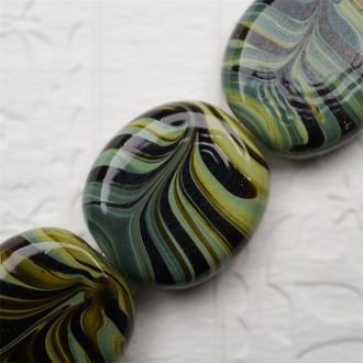 【样品】复古黑色锈绿条纹mix~手造精致扁圆珠日本进口中古古董灯工玻璃琉璃珠 18X20MM