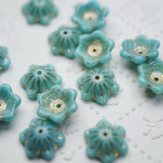 亮面丝绸松石绿描金色~小碗花贝尔铃铛花铃兰捷克珠玻璃琉璃珠 14MM