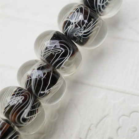 【样品】透明外层黑色细丝带环绕~手造精致扁圆珠日本进口中古古董灯工玻璃琉璃珠 8X12MM-7