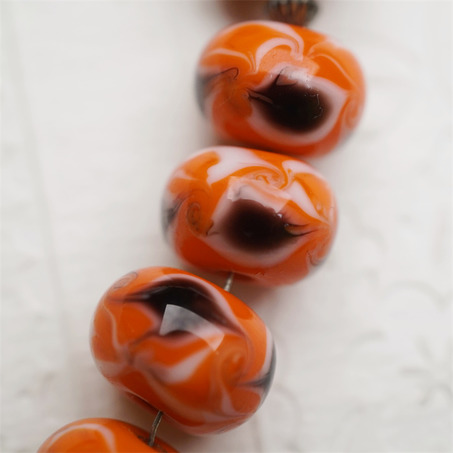 【样品】橘棕配色几何三角花纹~手造精致扁圆珠日本进口中古古董灯工玻璃琉璃珠 9X13MM-4