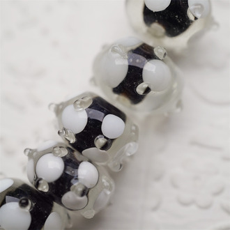 【样品】透明露水黑白荷叶波点~手造精致扁圆珠日本进口中古古董灯工玻璃琉璃珠 8X14MM