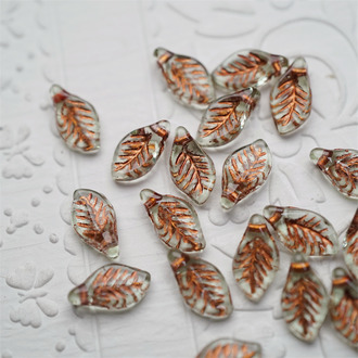 浅浅水绿描玫瑰金色~侧孔小树叶捷克珠玻璃琉璃珠 6X12MM