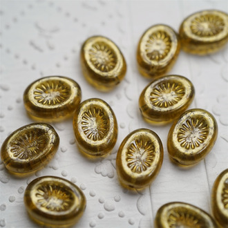 复古琥珀金色斑驳星光金色~奇异纹椭圆捷克珠琉璃玻璃珠 14X10MM