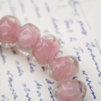 可爱樱花粉色透明外层~手造水波圈纹扁圆算盘珠日本进口灯工玻璃琉璃珠 8X13MM