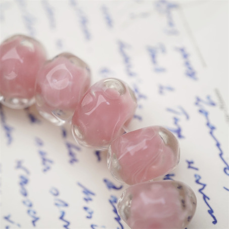 可爱樱花粉色透明外层~手造水波圈纹扁圆算盘珠日本进口灯工玻璃琉璃珠 8X13MM