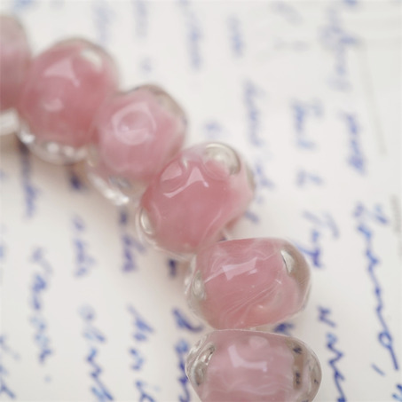 可爱樱花粉色透明外层~手造水波圈纹扁圆算盘珠日本进口灯工玻璃琉璃珠 8X13MM-3