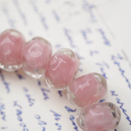 可爱樱花粉色透明外层~手造水波圈纹扁圆算盘珠日本进口灯工玻璃琉璃珠 8X13MM-2