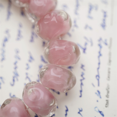 可爱樱花粉色透明外层~手造水波圈纹扁圆算盘珠日本进口灯工玻璃琉璃珠 8X13MM-5