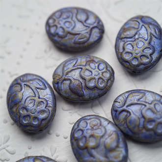 复古做旧牛仔蓝~捷克珠玻璃琉璃珠椭圆花朵做旧扁珠 21X16MM