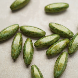 复古鎏金微粒感做旧绿色~梭形椭圆直孔立体多面珠捷克珠玻璃琉璃珠 19X7MM