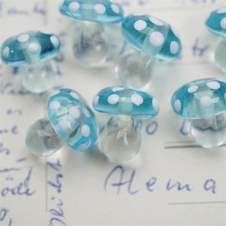 透天蓝色白波点小蘑菇迷你款吊坠~手造半孔彩绘蘑菇珠日本进口灯工玻璃琉璃珠 尺寸约12MM