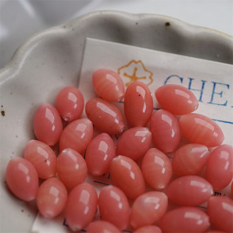 十枚入！豆沙粉橘色mix微渐变手造中号米粒形椭圆珠~日本制手工琉璃玻璃珠樱桃牌古董珠 5.5X10MM