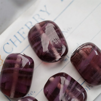 葡萄紫条纹mix~手造渐变立体长方矩形扁珠直孔珠进口中古古董灯工玻璃琉璃珠 13X18MM