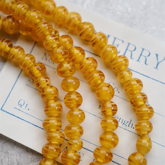 串装~稀有琥珀蜂蜜色条纹mix迷你手造绝美圆珠~日本进口中古古董灯工玻璃琉璃珠 约5MM