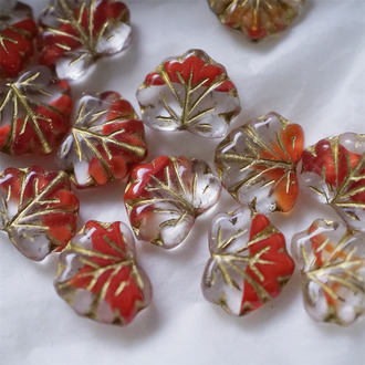 透明红色夹心mix描金配色~树叶捷克珠玻璃琉璃珠 11X13MM