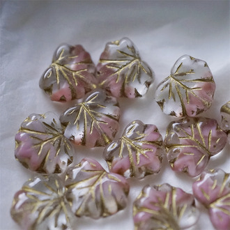 透明粉色夹心mix描金配色~树叶捷克珠玻璃琉璃珠 11X13MM
