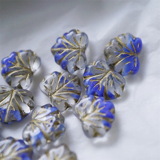 透明深蓝夹心mix描金配色~树叶捷克珠玻璃琉璃珠 11X13MM