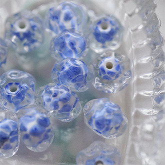 透明新色温柔海盐蓝斑纹配色~手造水波圈纹扁圆算盘珠日本进口中古古董灯工玻璃琉璃珠 8X13MM
