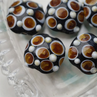 复古焦糖奶油棕波点~手造精致扁圆珠日本进口中古古董灯工玻璃琉璃珠 19MM