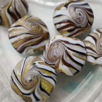 复古银箔熔岩琉璃巧克力漩涡~手造精致扁圆珠日本进口中古古董灯工玻璃琉璃珠 19MM