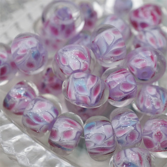 复刻版~粉紫色系梦幻星闪粉孔雀翎羽花纹~手造精致扁圆珠日本进口中古古董灯工玻璃琉璃珠 9X13~15MM