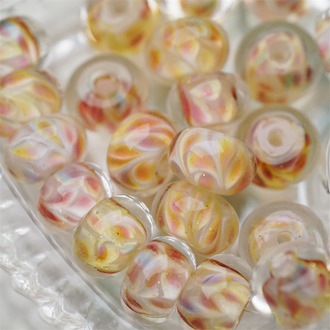 复刻版~粉黄色系梦幻星闪粉孔雀翎羽花纹~手造精致扁圆珠日本进口中古古董灯工玻璃琉璃珠 9X13~15MM