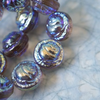 烟熏透紫色极光幻彩~高定立体浮雕玫瑰捷克珠玻璃琉璃 18X15MM