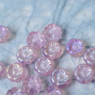 透浅粉色极光幻彩~捷克珠夏威夷小花花琉璃珠玻璃珠DIY串珠材料 8MM
